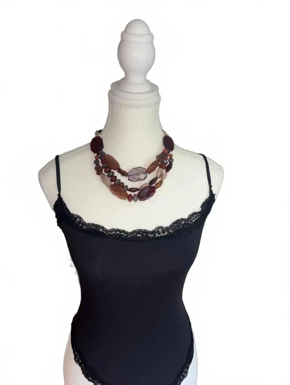 Multistrand Brown and Purple Beaded Statement Necklace